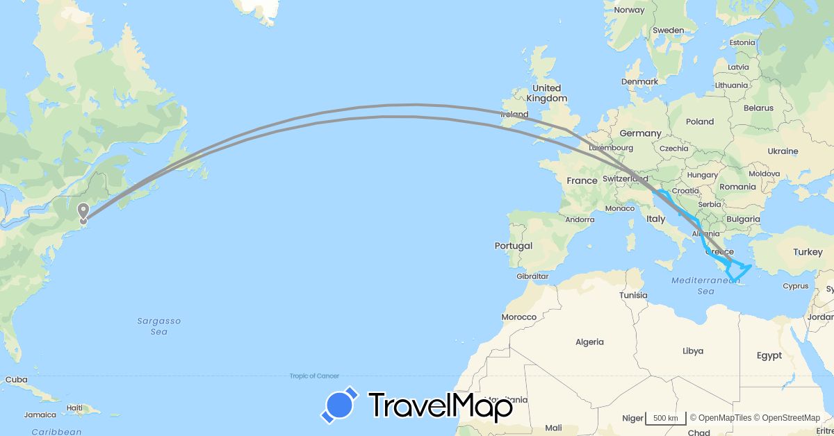 TravelMap itinerary: driving, plane, boat in Switzerland, United Kingdom, Greece, Croatia, Italy, Montenegro, Slovenia, United States (Europe, North America)