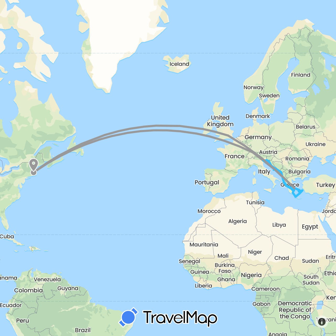 TravelMap itinerary: driving, plane, boat in Switzerland, United Kingdom, Greece, Croatia, Italy, Montenegro, Slovenia, United States (Europe, North America)