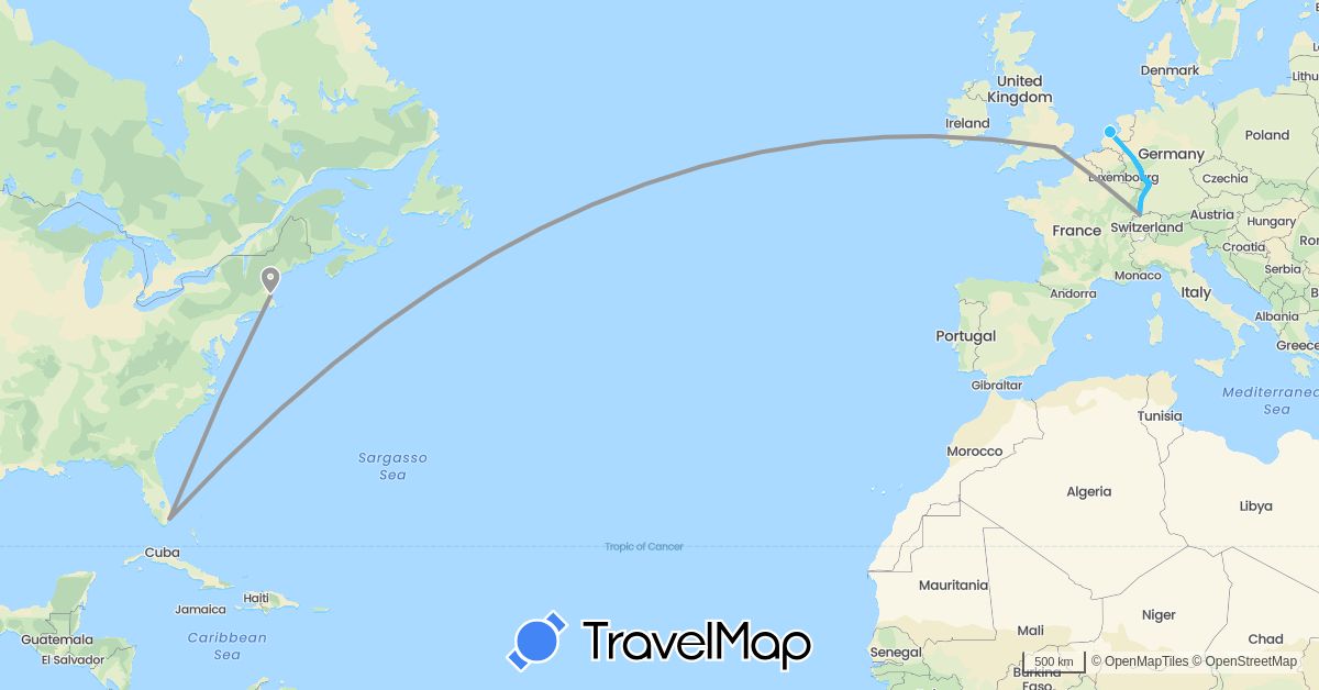 TravelMap itinerary: driving, plane, cycling, boat in Switzerland, Germany, France, United Kingdom, Netherlands, United States (Europe, North America)