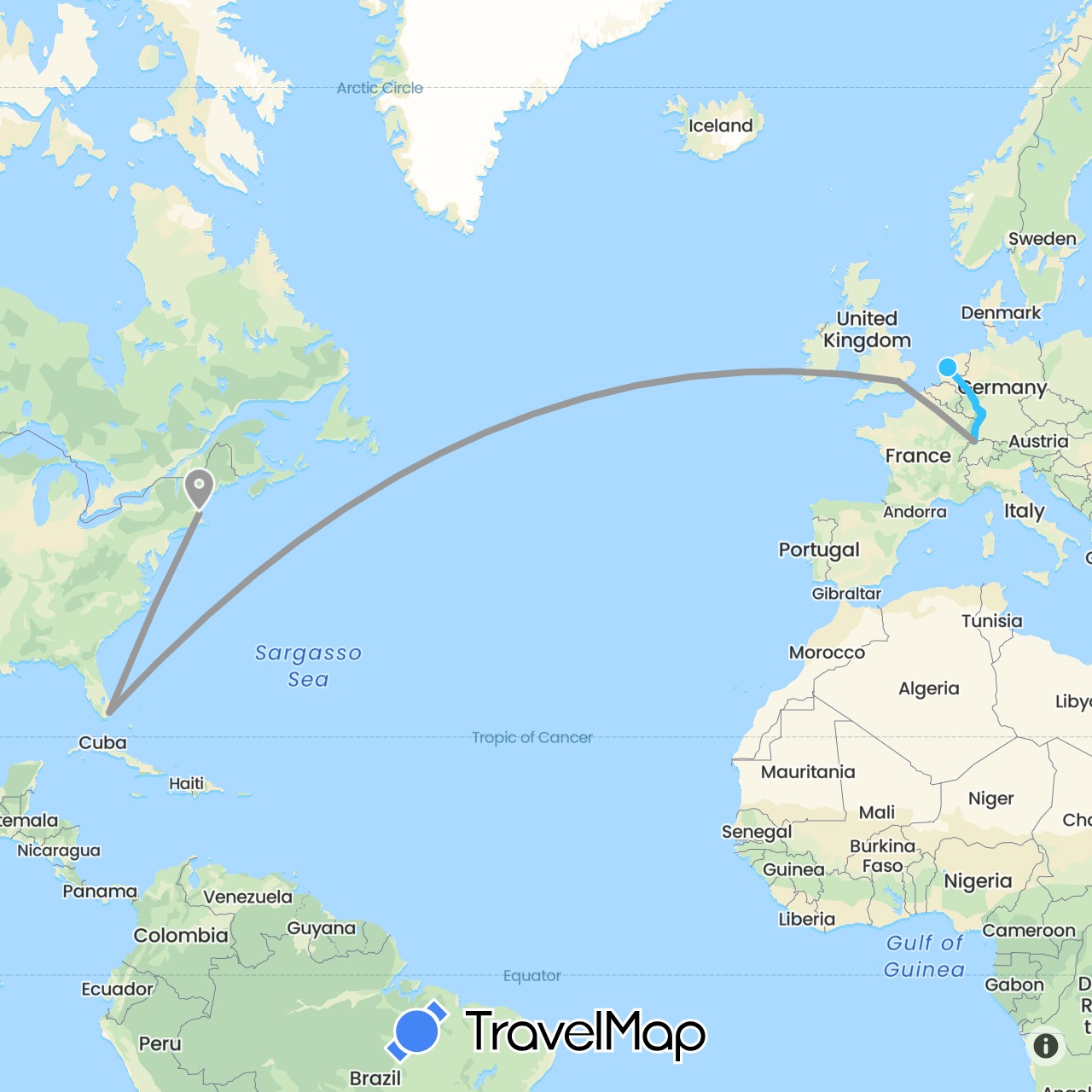 TravelMap itinerary: driving, plane, cycling, boat in Switzerland, Germany, France, United Kingdom, Netherlands, United States (Europe, North America)