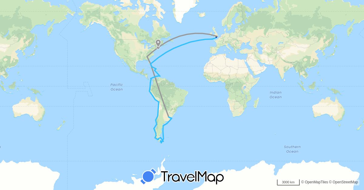 TravelMap itinerary: driving, plane, boat in Argentina, Chile, Ecuador, United Kingdom, Netherlands, Panama, Peru, United States (Europe, North America, South America)