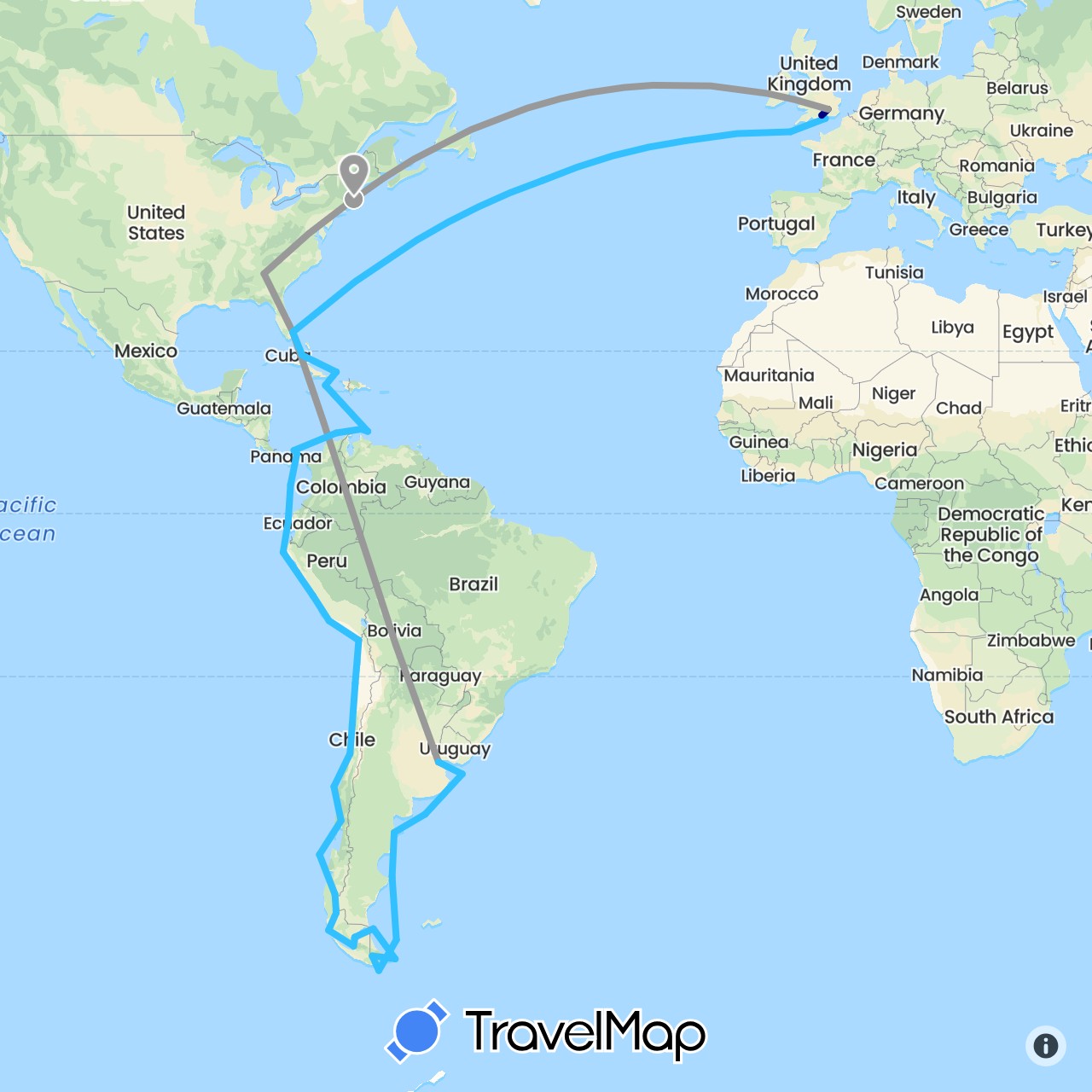 TravelMap itinerary: driving, plane, boat in Argentina, Chile, Ecuador, United Kingdom, Netherlands, Panama, Peru, United States (Europe, North America, South America)