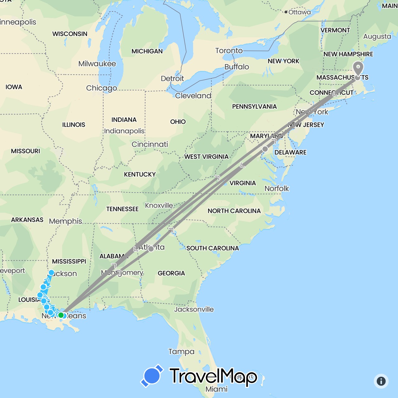 TravelMap itinerary: driving, bus, plane, boat in United States (North America)