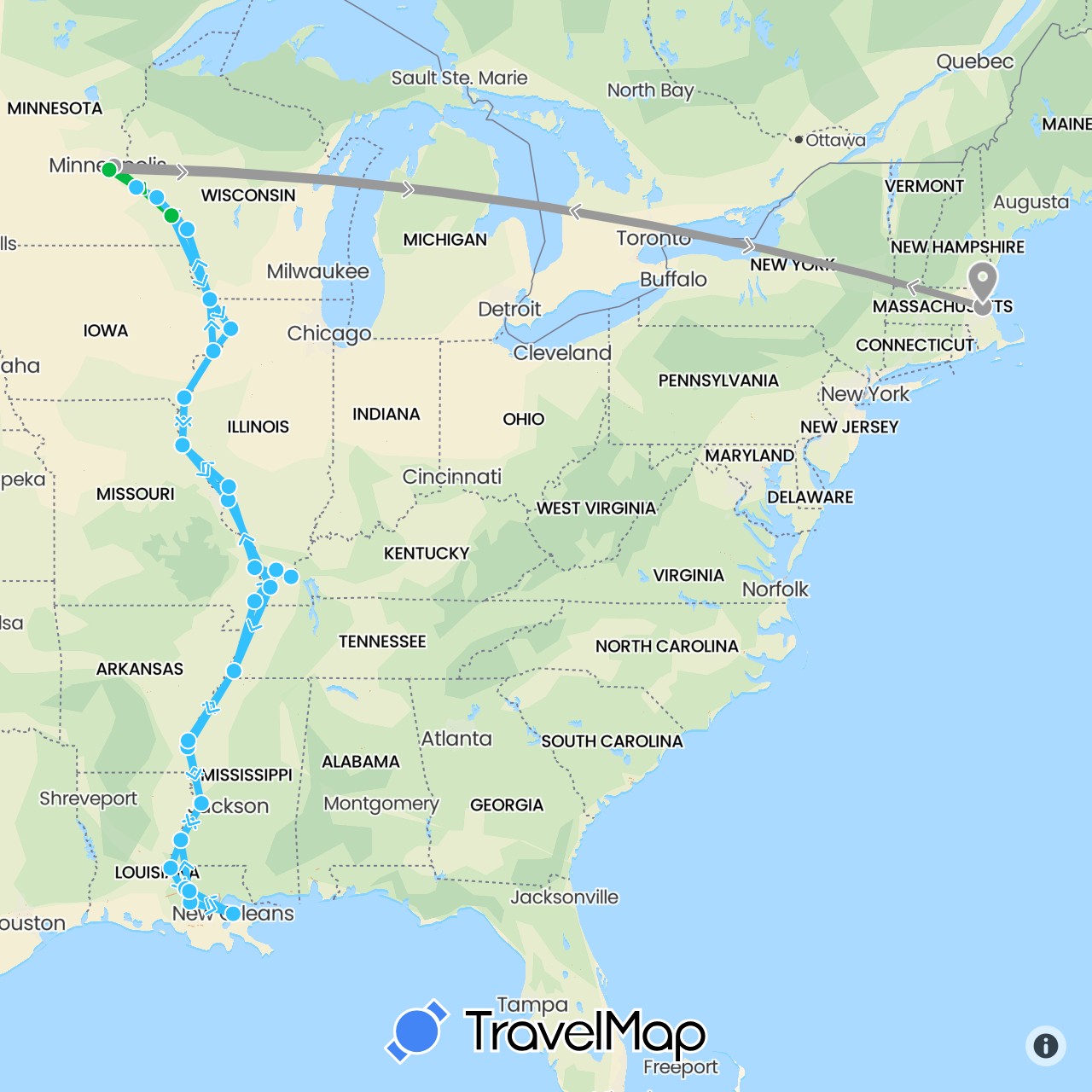 TravelMap itinerary: driving, bus, plane, boat in United States (North America)