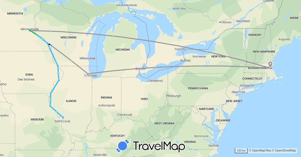 TravelMap itinerary: driving, bus, plane, boat in United States (North America)