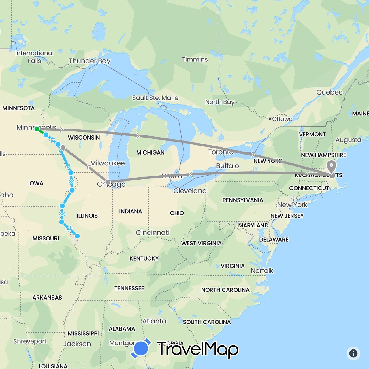 TravelMap itinerary: driving, bus, plane, boat in United States (North America)