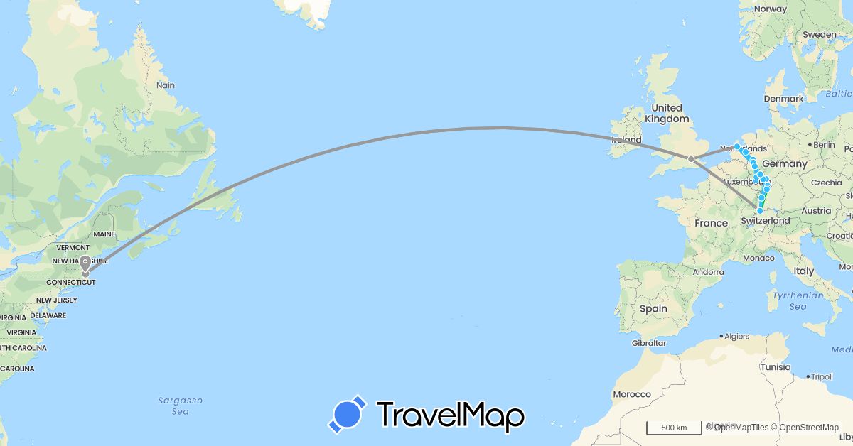 TravelMap itinerary: driving, bus, plane, boat in Switzerland, Germany, France, United Kingdom, Netherlands, United States (Europe, North America)