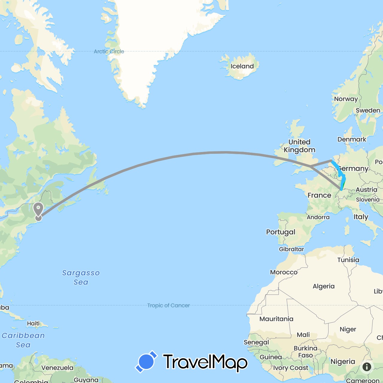 TravelMap itinerary: driving, bus, plane, boat in Switzerland, Germany, France, United Kingdom, Netherlands, United States (Europe, North America)