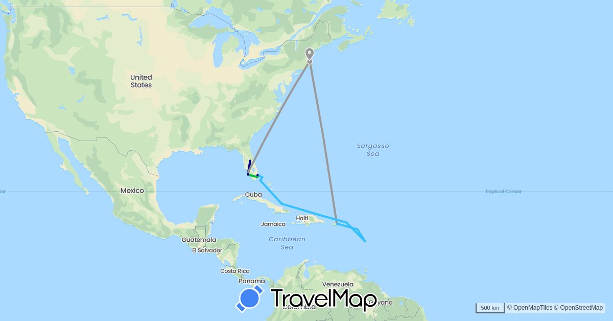 TravelMap itinerary: driving, bus, plane, boat in Bahamas, Dominica, Saint Kitts and Nevis, United States, British Virgin Islands (North America)