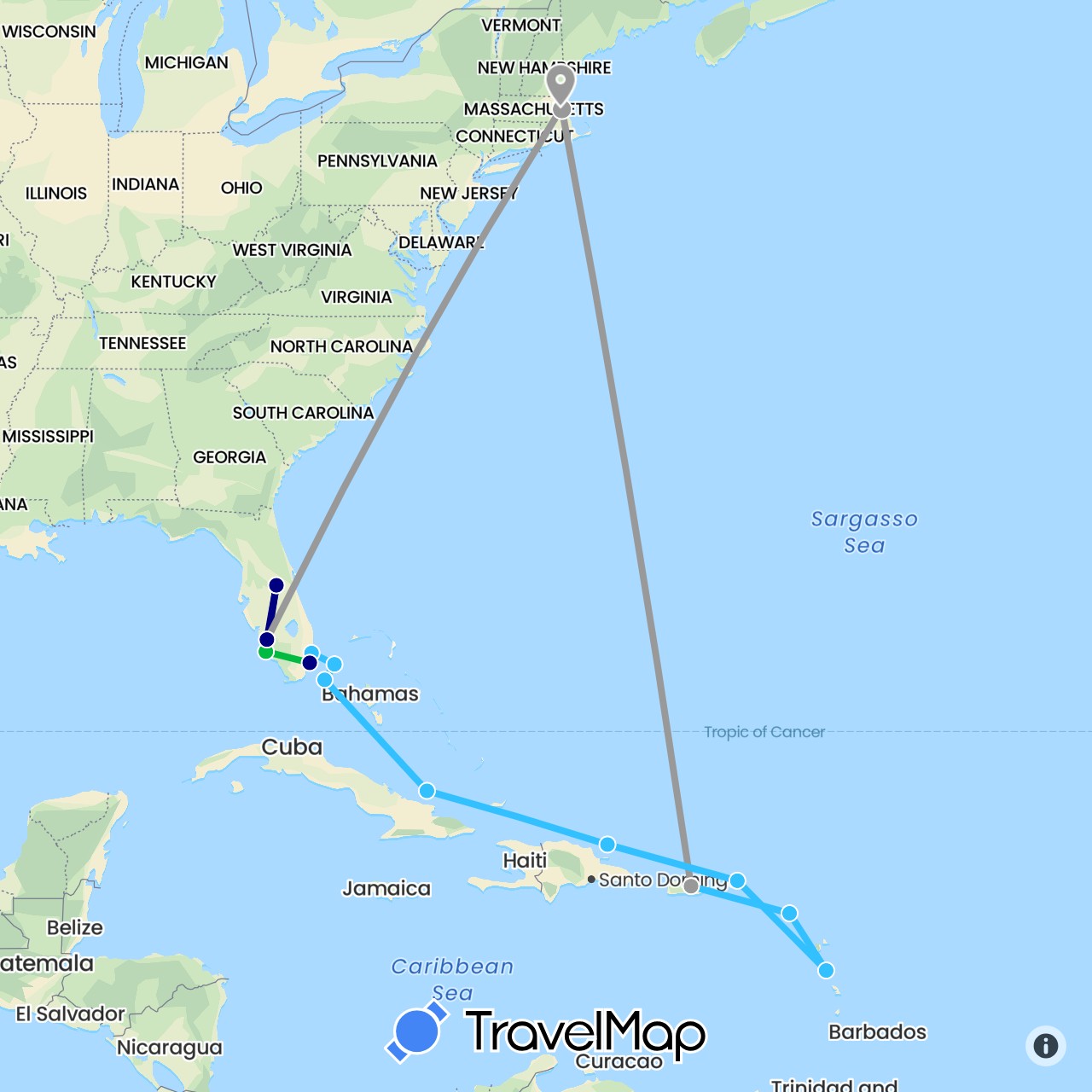 TravelMap itinerary: driving, bus, plane, boat in Bahamas, Dominica, Saint Kitts and Nevis, United States, British Virgin Islands (North America)