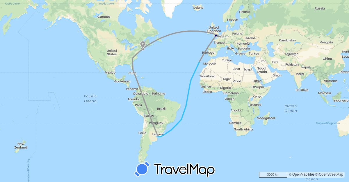 TravelMap itinerary: driving, plane, boat in Cape Verde, United Kingdom, Portugal, United States, Uruguay (Africa, Europe, North America, South America)