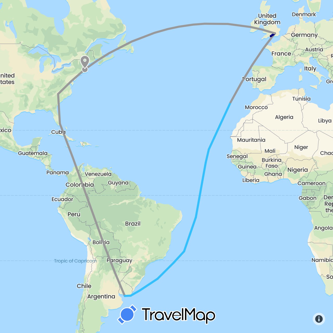 TravelMap itinerary: driving, plane, boat in Cape Verde, United Kingdom, Portugal, United States, Uruguay (Africa, Europe, North America, South America)