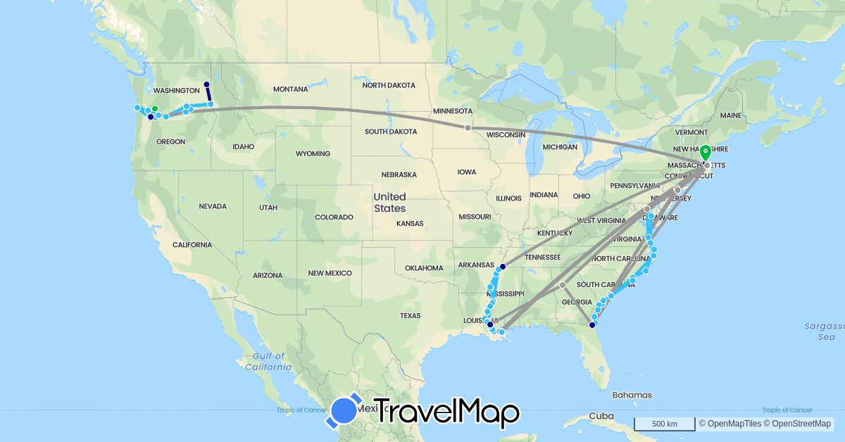 TravelMap itinerary: driving, bus, plane, boat in United States (North America)