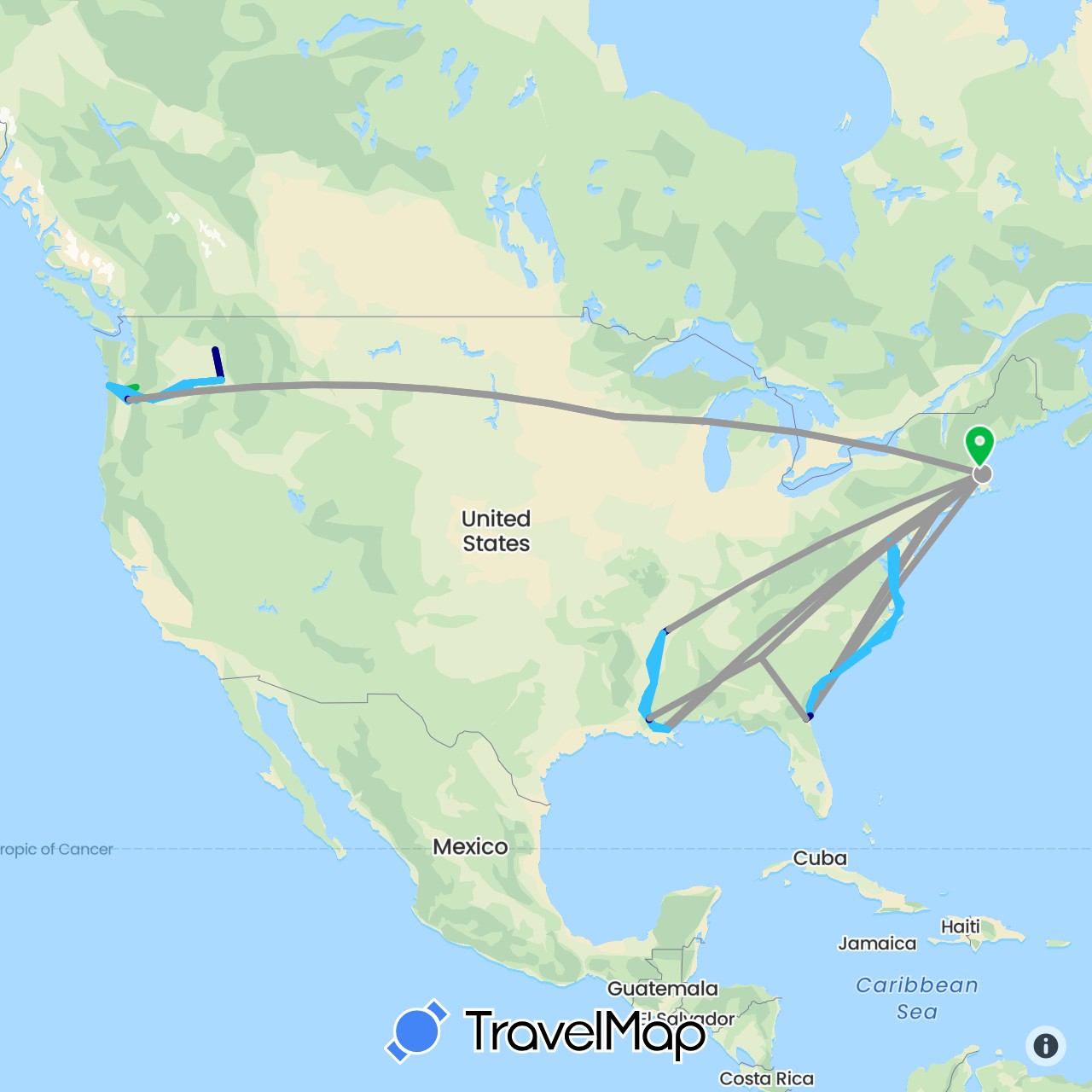 TravelMap itinerary: driving, bus, plane, boat in United States (North America)