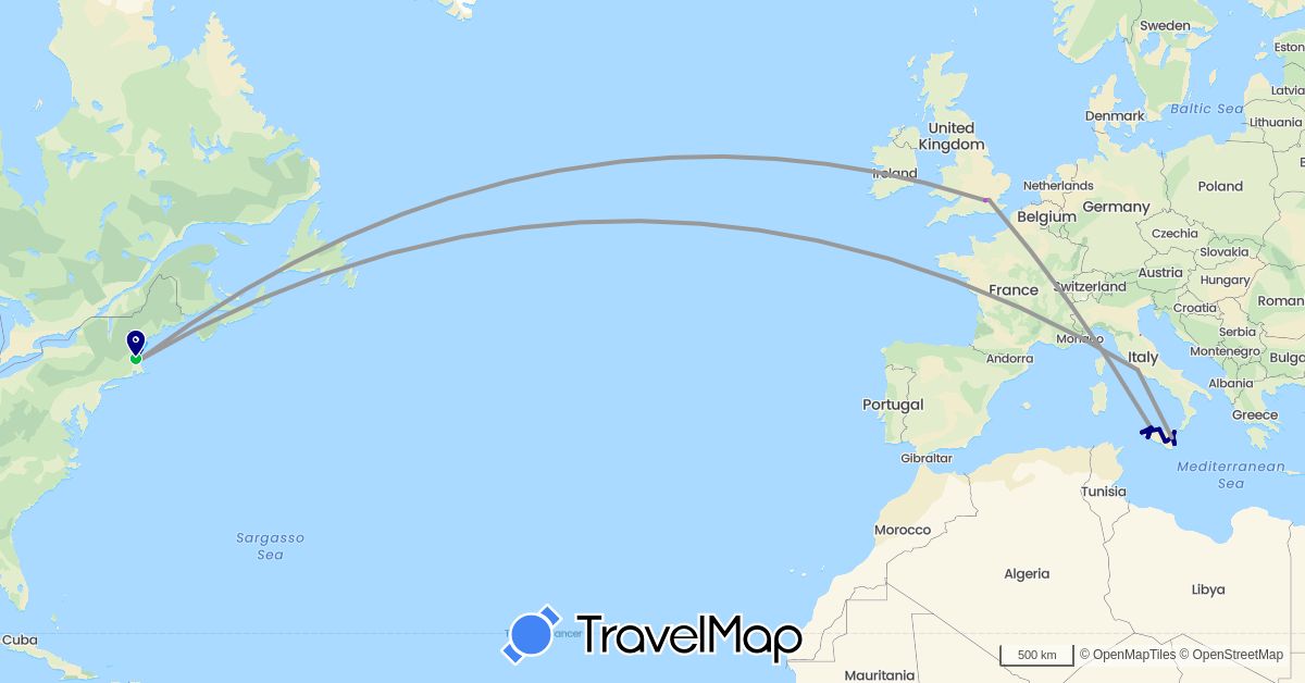 TravelMap itinerary: driving, bus, plane, train, boat in United Kingdom, Italy, United States (Europe, North America)