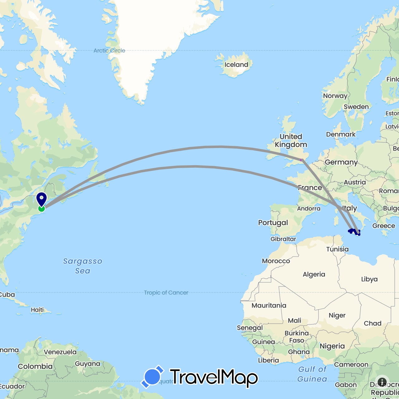 TravelMap itinerary: driving, bus, plane, train, boat in United Kingdom, Italy, United States (Europe, North America)