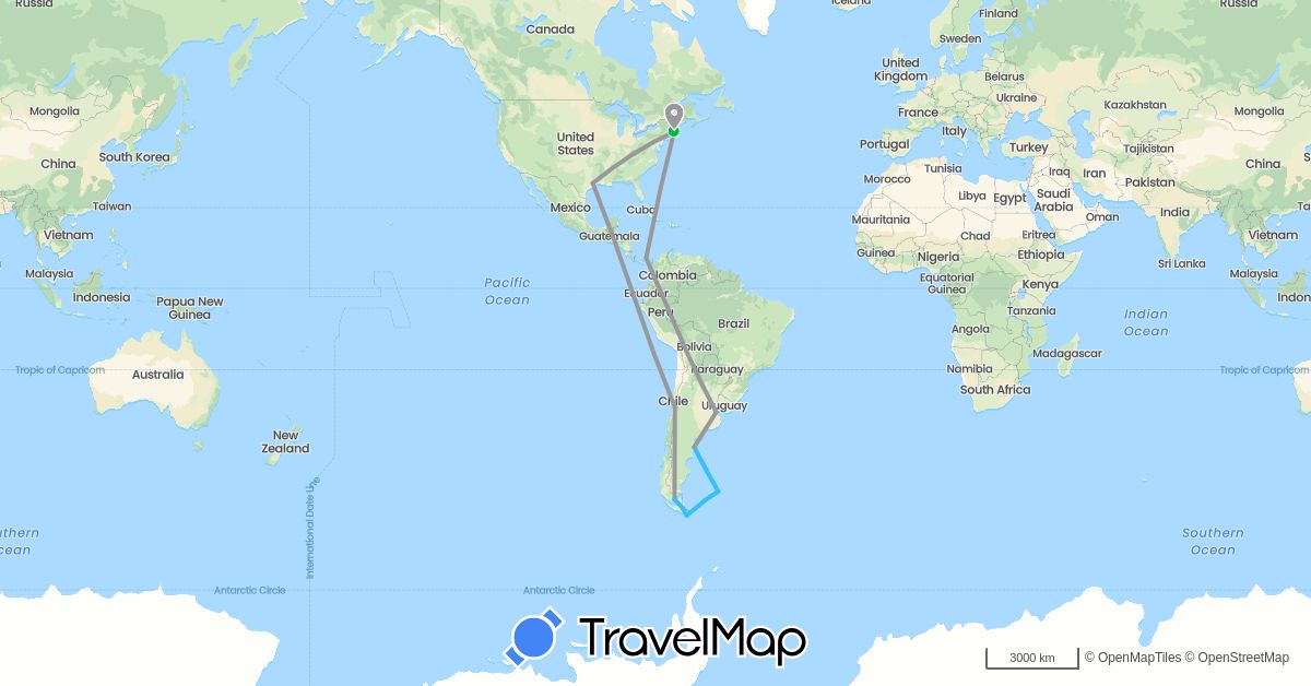 TravelMap itinerary: driving, bus, plane, boat in Argentina, Chile, Falkland Islands, Panama, United States (North America, South America)