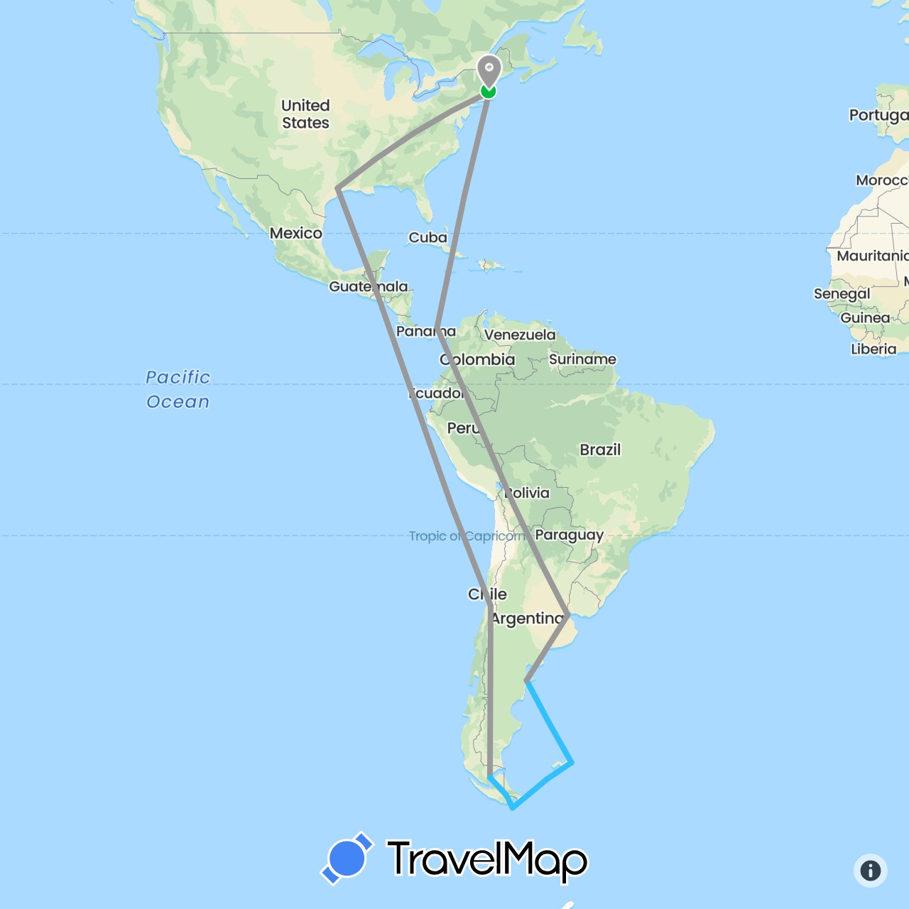 TravelMap itinerary: driving, bus, plane, boat in Argentina, Chile, Falkland Islands, Panama, United States (North America, South America)