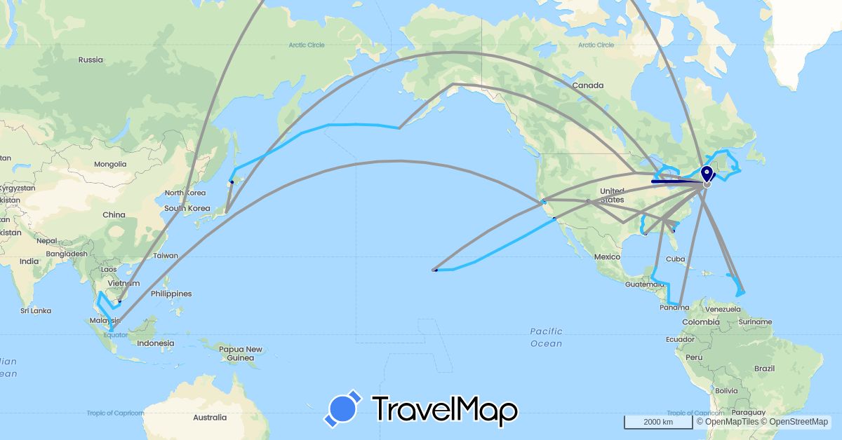 TravelMap itinerary: driving, plane, cycling, train, boat in Antigua and Barbuda, Anguilla, Barbados, Belize, Canada, Costa Rica, France, Grenada, Honduras, Japan, Saint Kitts and Nevis, South Korea, Saint Lucia, Mexico, Netherlands, Panama, Singapore, Thailand, United States, Saint Vincent and the Grenadines, British Virgin Islands, Vietnam (Asia, Europe, North America)