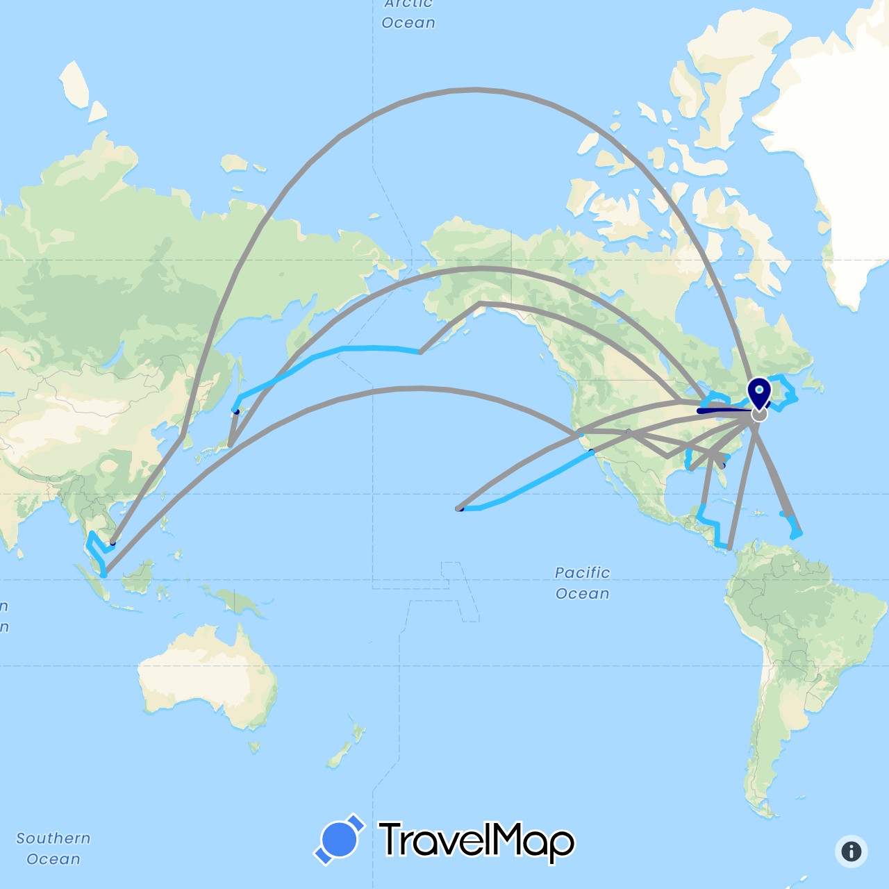 TravelMap itinerary: driving, plane, cycling, train, boat in Antigua and Barbuda, Anguilla, Barbados, Belize, Canada, Costa Rica, France, Grenada, Honduras, Japan, Saint Kitts and Nevis, South Korea, Saint Lucia, Mexico, Netherlands, Panama, Singapore, Thailand, United States, Saint Vincent and the Grenadines, British Virgin Islands, Vietnam (Asia, Europe, North America)