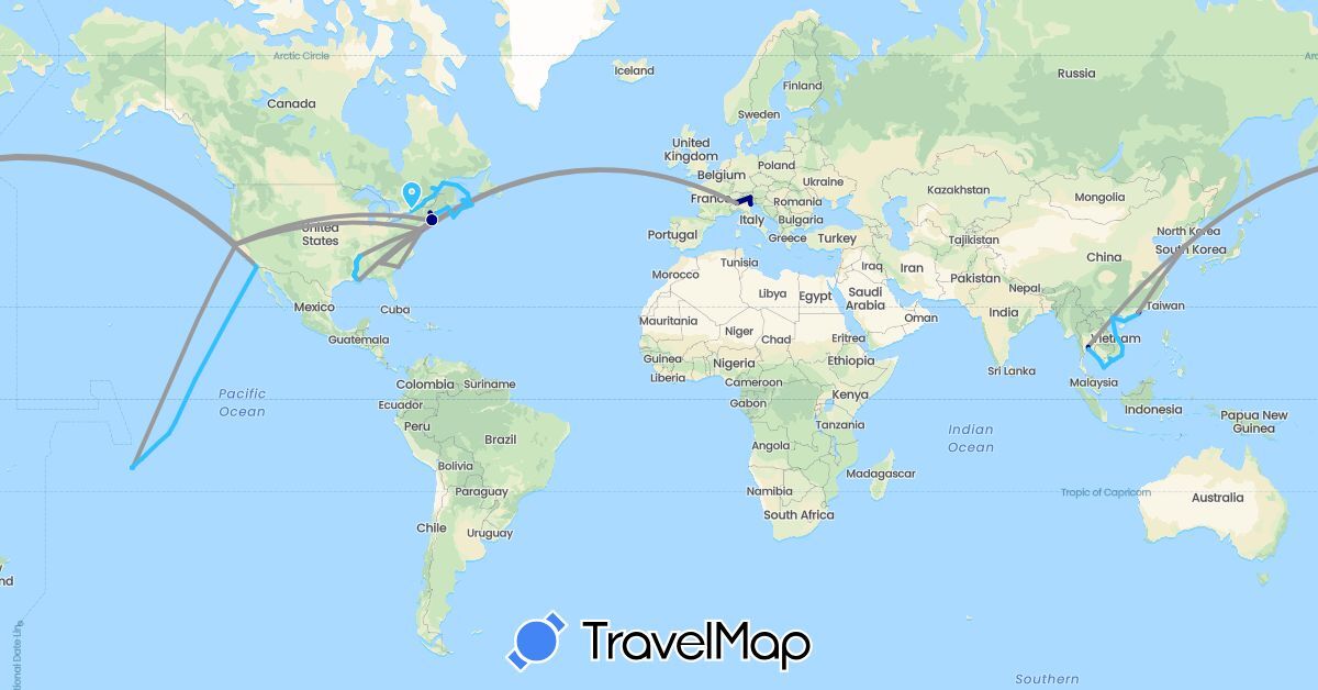 TravelMap itinerary: driving, plane, train, boat in China, France, Italy, Cambodia, South Korea, Thailand, United States, Vietnam (Asia, Europe, North America)