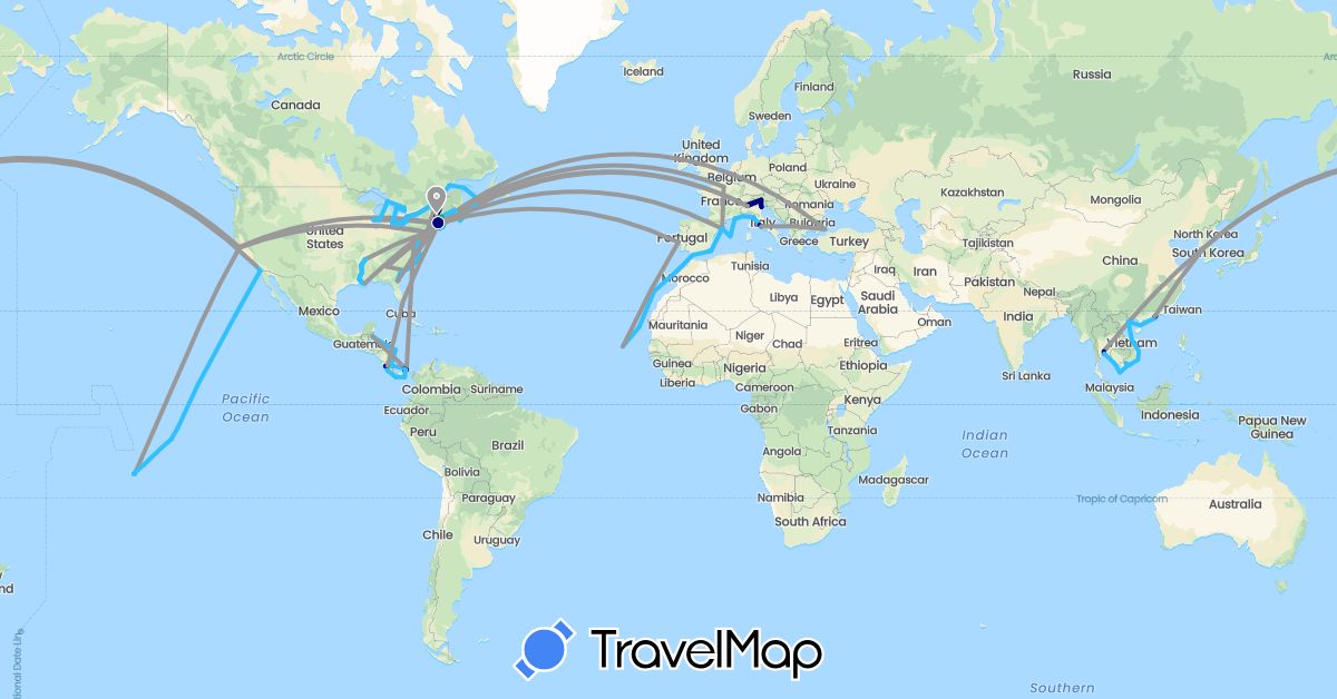 TravelMap itinerary: driving, bus, plane, train, hiking, boat in Belize, Canada, China, Costa Rica, Cape Verde, Spain, France, Gibraltar, Honduras, Italy, Cambodia, South Korea, Morocco, Monaco, Panama, Portugal, Thailand, Turkey, United States, Venezuela, Vietnam (Africa, Asia, Europe, North America, South America)
