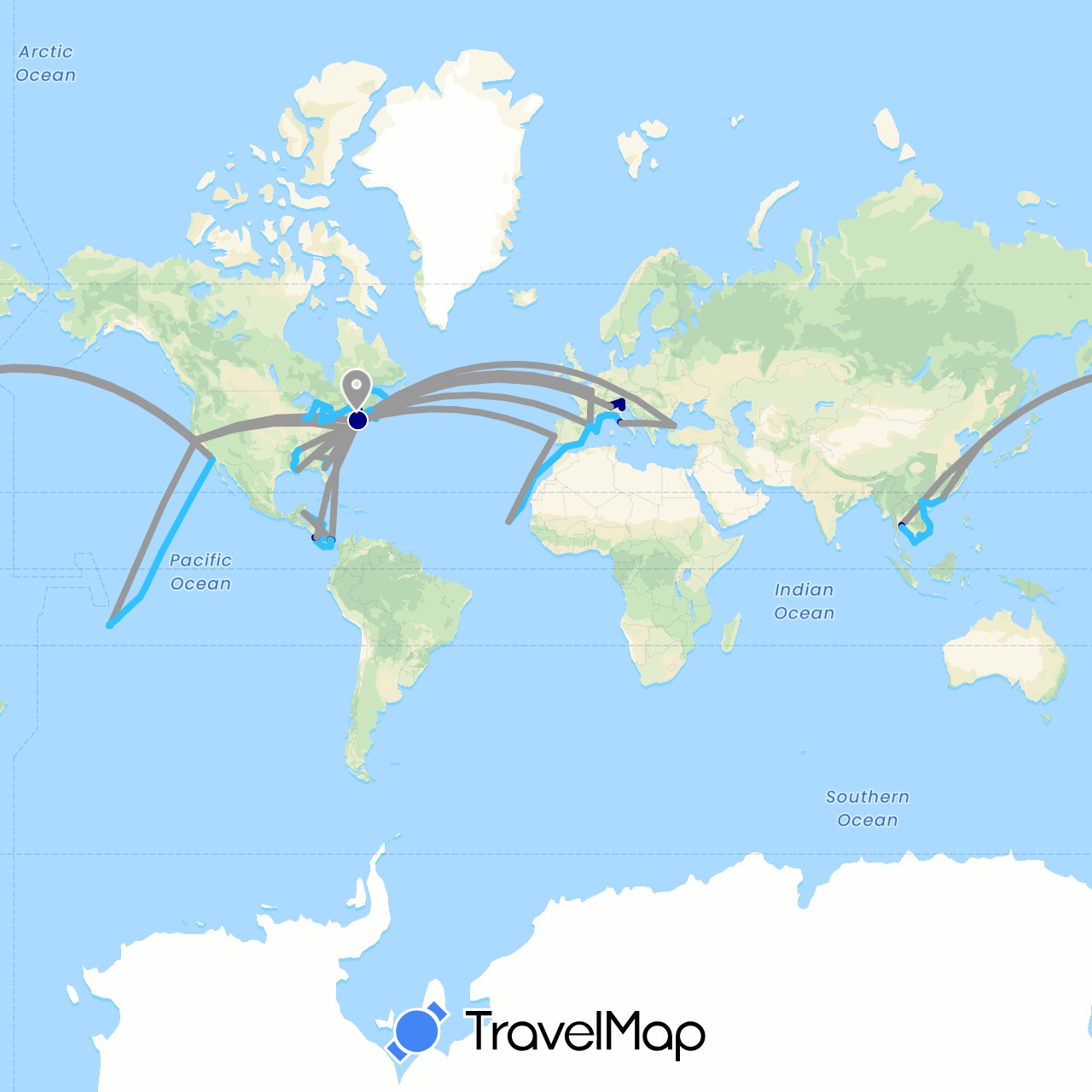 TravelMap itinerary: driving, bus, plane, train, hiking, boat in Belize, Canada, China, Costa Rica, Cape Verde, Spain, France, Gibraltar, Honduras, Italy, Cambodia, South Korea, Morocco, Monaco, Panama, Portugal, Thailand, Turkey, United States, Venezuela, Vietnam (Africa, Asia, Europe, North America, South America)