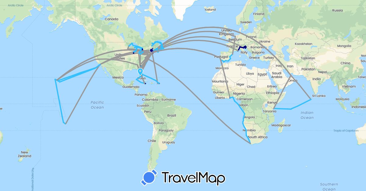 TravelMap itinerary: driving, bus, plane, boat in United Arab Emirates, Angola, Austria, Benin, Canada, Switzerland, Spain, France, Ghana, Croatia, Italy, Jamaica, Kenya, Cayman Islands, Morocco, Maldives, Namibia, Netherlands, Portugal, Seychelles, Slovenia, São Tomé and Príncipe, United States, British Virgin Islands, South Africa (Africa, Asia, Europe, North America)