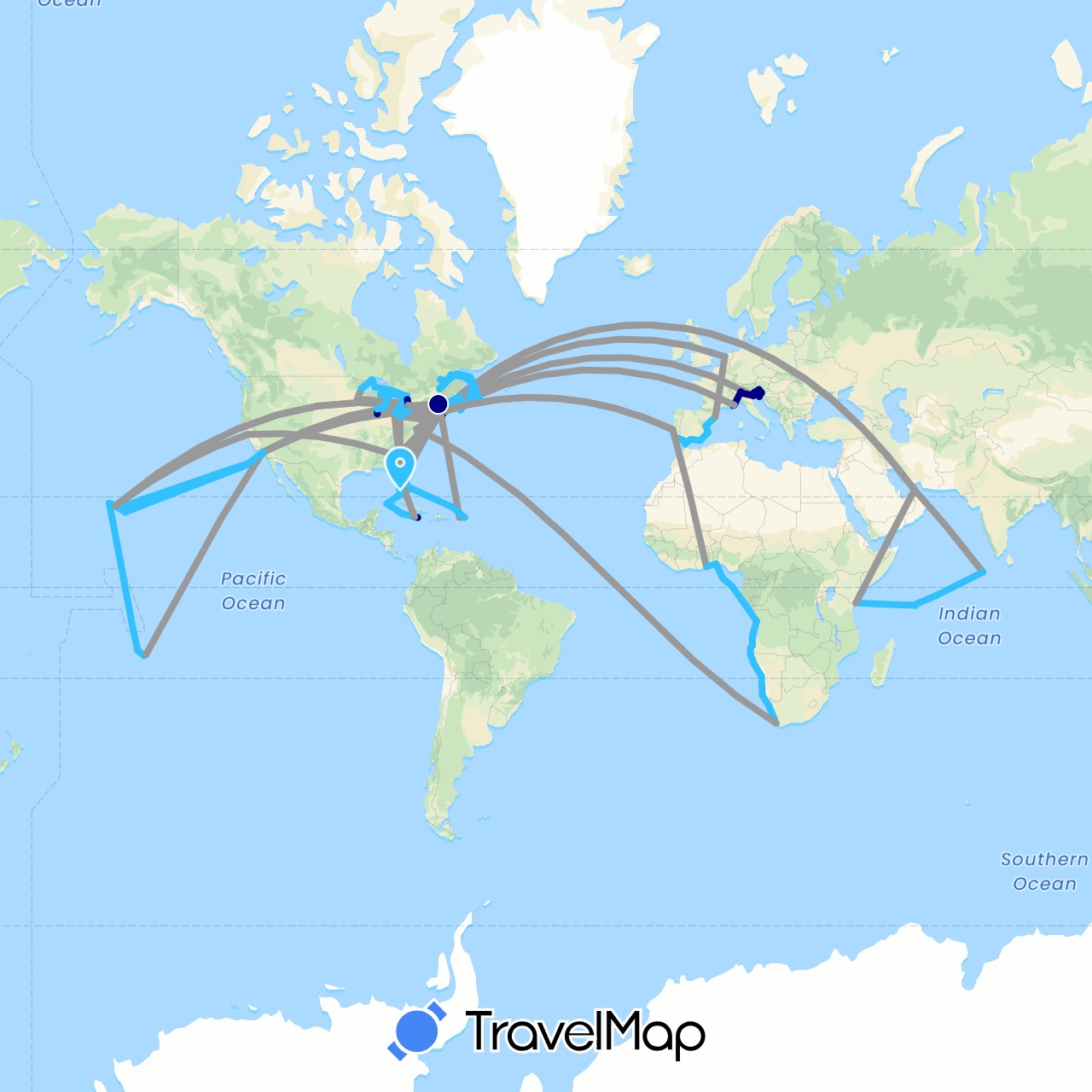 TravelMap itinerary: driving, bus, plane, boat in United Arab Emirates, Angola, Austria, Benin, Canada, Switzerland, Spain, France, Ghana, Croatia, Italy, Jamaica, Kenya, Cayman Islands, Morocco, Maldives, Namibia, Netherlands, Portugal, Seychelles, Slovenia, São Tomé and Príncipe, United States, British Virgin Islands, South Africa (Africa, Asia, Europe, North America)