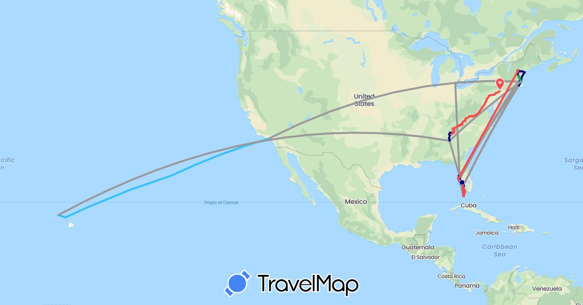 TravelMap itinerary: driving, bus, plane, train, hiking, boat in United States (North America)