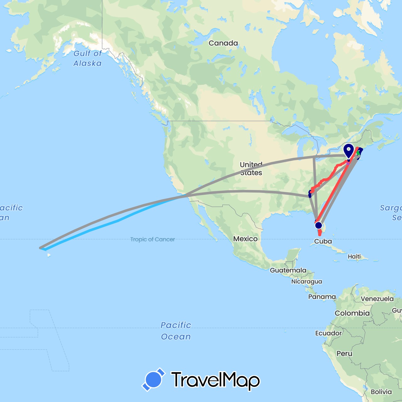 TravelMap itinerary: driving, bus, plane, train, hiking, boat in United States (North America)