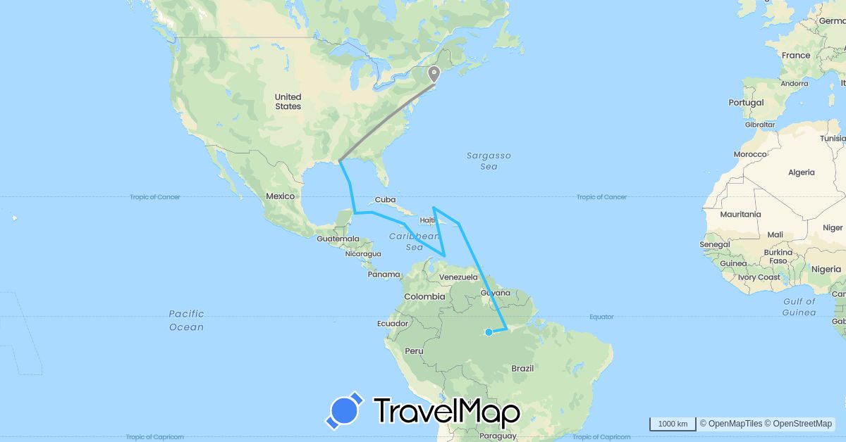 TravelMap itinerary: driving, plane, boat in Brazil, Jamaica, Mexico, Netherlands, Turks and Caicos Islands, United States (Europe, North America, South America)