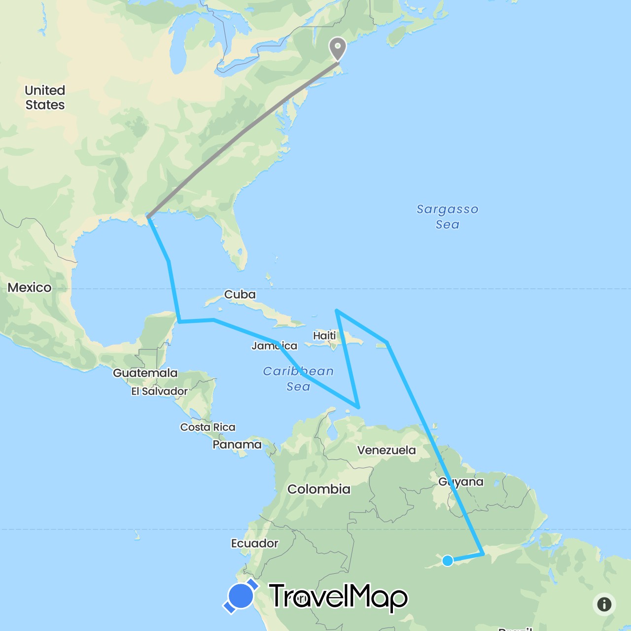 TravelMap itinerary: driving, plane, boat in Brazil, Jamaica, Mexico, Netherlands, Turks and Caicos Islands, United States (Europe, North America, South America)