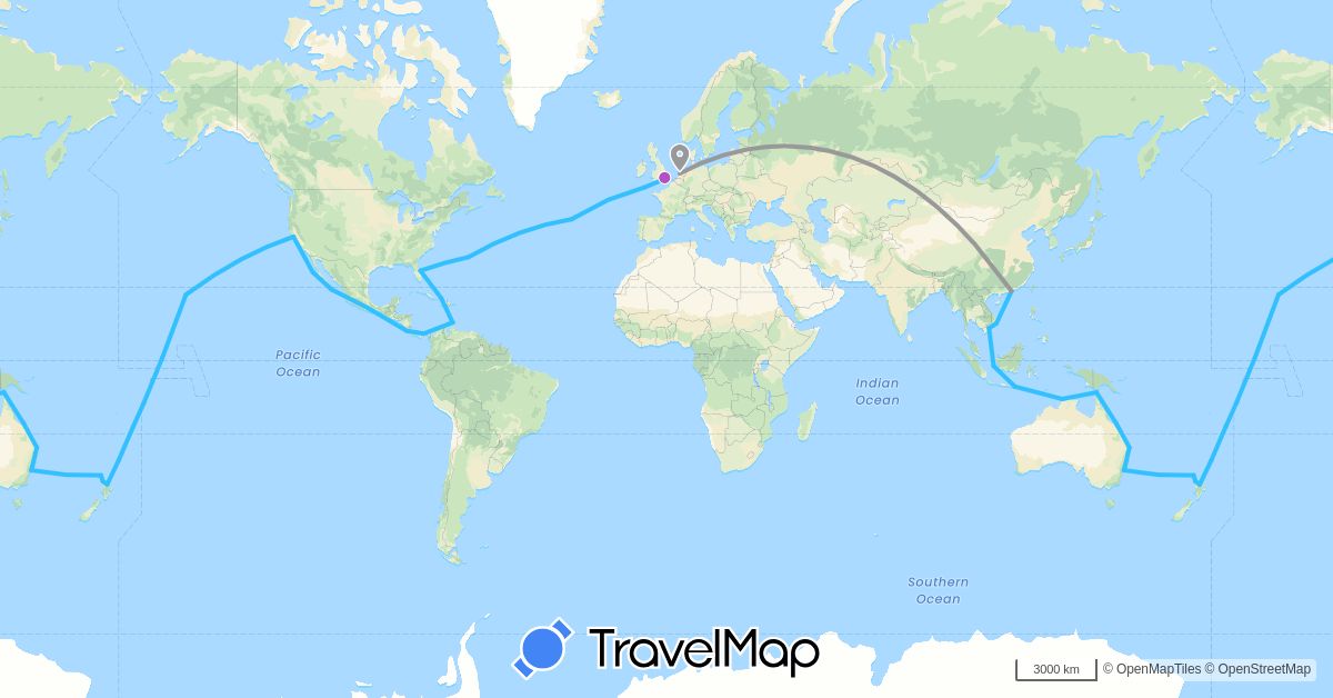 TravelMap itinerary: driving, plane, train, boat in Australia, Bermuda, China, Colombia, Costa Rica, United Kingdom, Indonesia, Mexico, Netherlands, New Zealand, Panama, Tonga, United States, Vietnam, Samoa (Asia, Europe, North America, Oceania, South America)