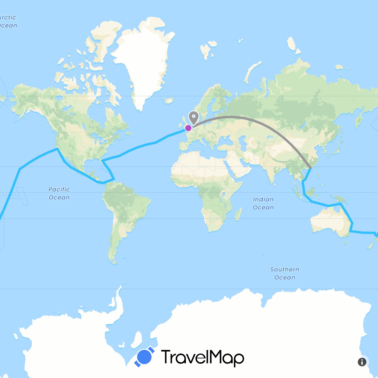 TravelMap itinerary: driving, plane, train, boat in Australia, Bermuda, China, Colombia, Costa Rica, United Kingdom, Indonesia, Mexico, Netherlands, New Zealand, Panama, Tonga, United States, Vietnam, Samoa (Asia, Europe, North America, Oceania, South America)