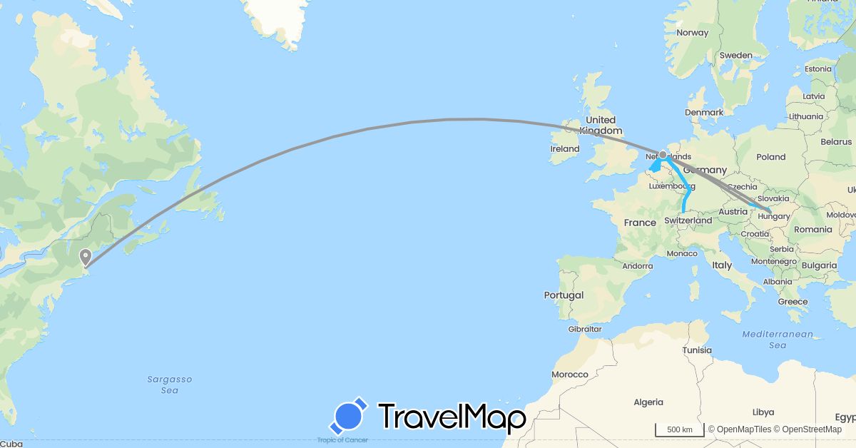 TravelMap itinerary: driving, plane, cycling, boat in Austria, Belgium, Switzerland, Germany, France, Hungary, Netherlands, United States (Europe, North America)
