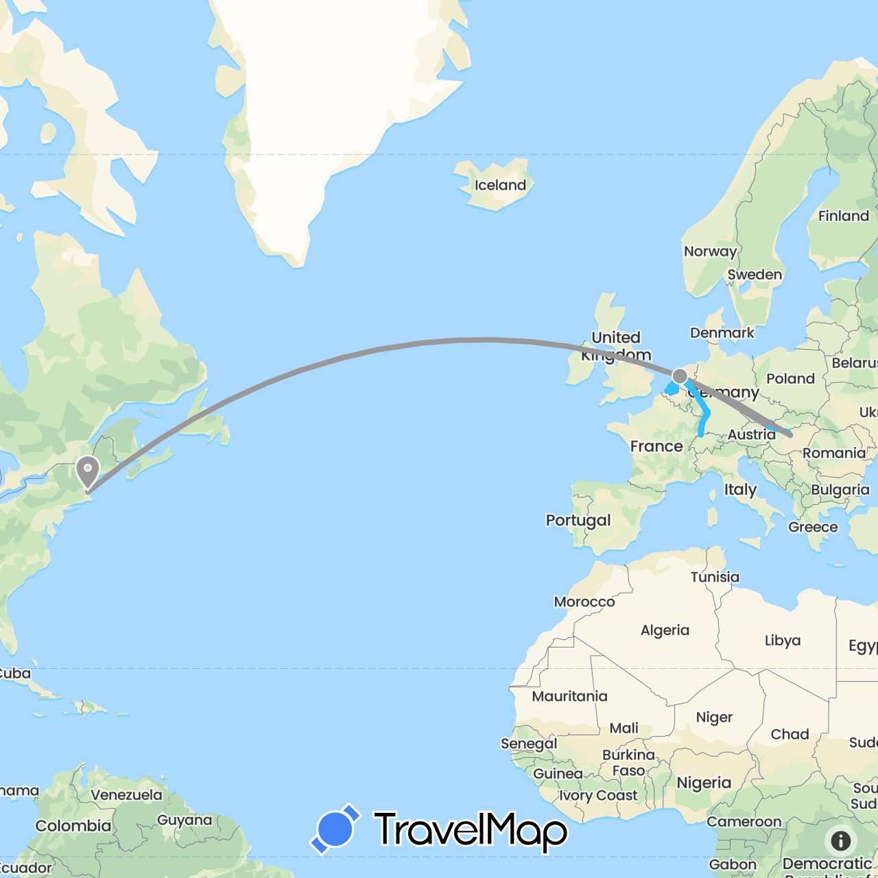 TravelMap itinerary: driving, plane, cycling, boat in Austria, Belgium, Switzerland, Germany, France, Hungary, Netherlands, United States (Europe, North America)